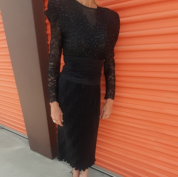 Vtg 80s I magnin Midi lace sequin Bodice dress Plunge V Micro pleats Maxi Gown - Picture 3 of 11